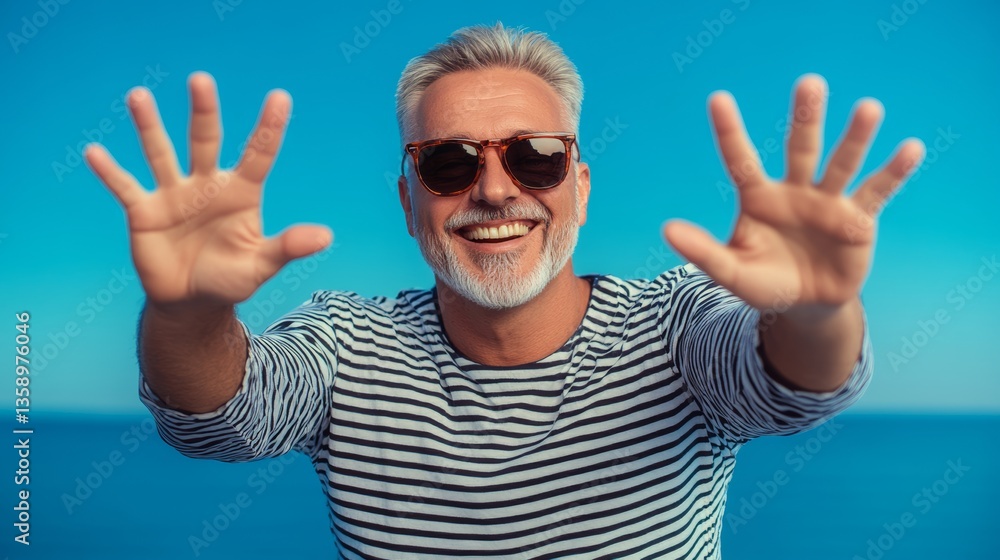 Naklejka premium Man with a beard and gray hair is smiling and holding his hands up in the air. He is wearing a striped shirt and sunglasses