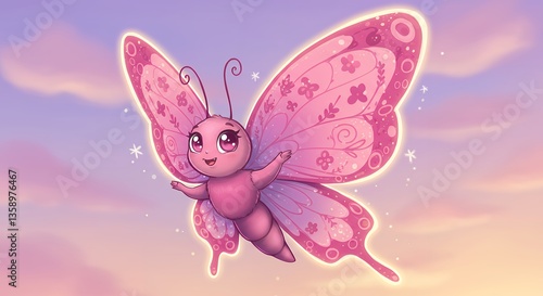 Cute Cartoon Butterfly with Intricate Patterns Against a Pastel Sky