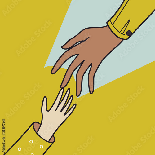 Hands reaching out in connection against a bright yellow background  