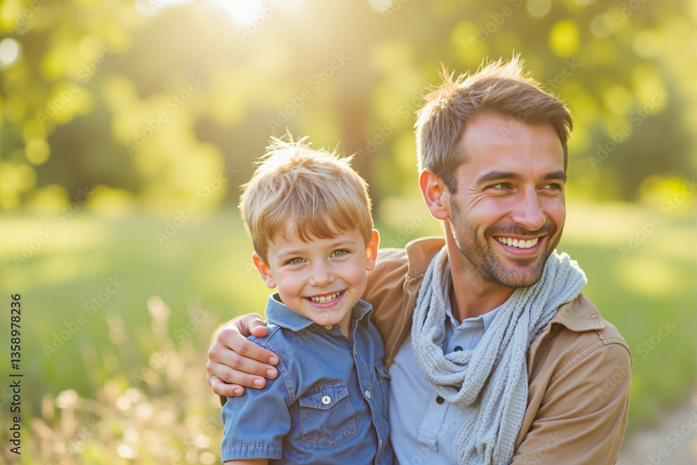 Fototapeta premium Happy father holding son in sunny outdoor park 