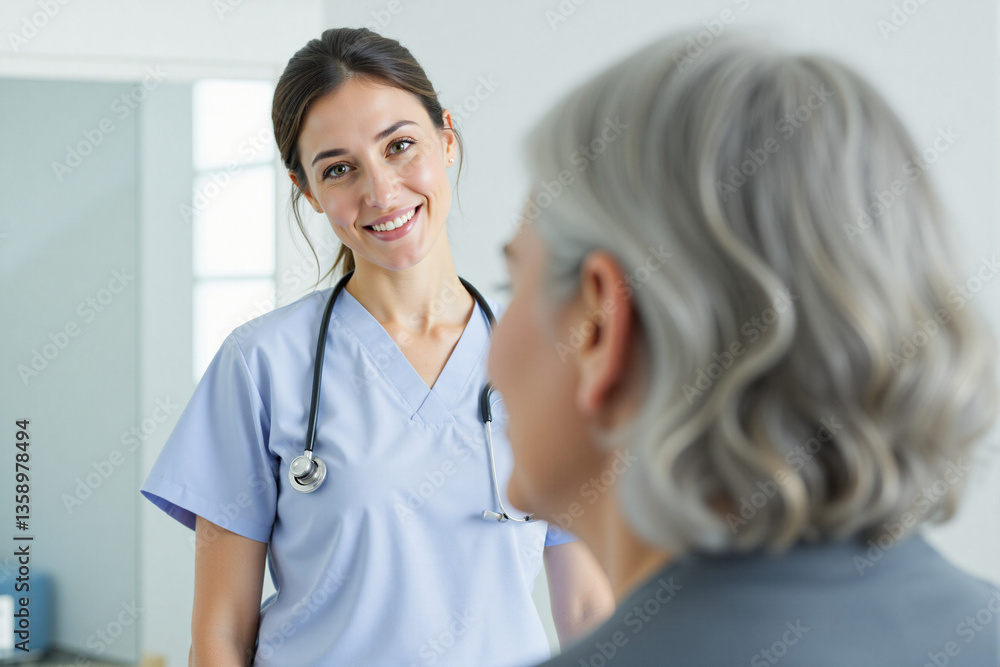 Female doctor smiling while consulting with senior patient indoors Female doctor smiling while consulting with senior patient indoors