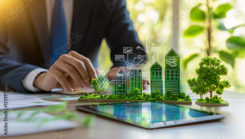 Sustainable Urban Development Eco Friendly City Planning Green Building Design on Tablet