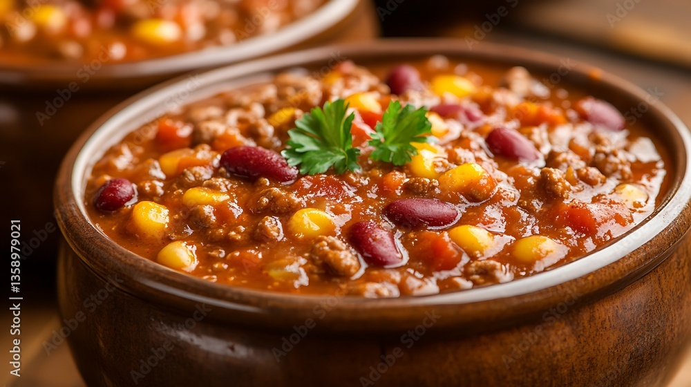 Close-up of hearty chili in bowl. Close-up of hearty chili in bowl.