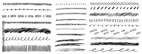 Hand-drawn decorative borders and dividers in vintage doodle style. Includes floral curves, brush strokes, ribbons, and abstract frames. Ideal for invitations, ornaments, and creative layouts.