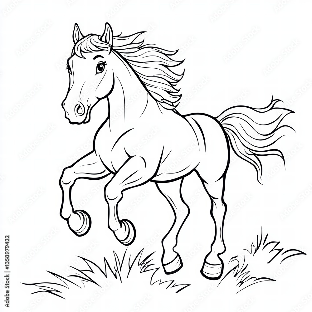 Obraz premium Elegant Equine: A majestic horse, meticulously illustrated, embodies grace and strength as it gallops, its flowing mane and powerful physique captured in stunning detail. 