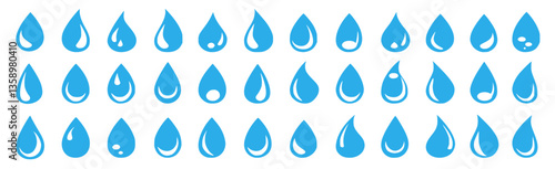 Vector set of water drop icons, including dripped raindrops, droplets, oil drops, and tear silhouettes. Simple outline style pictograms perfect for weather, nature, or liquid-related design concepts