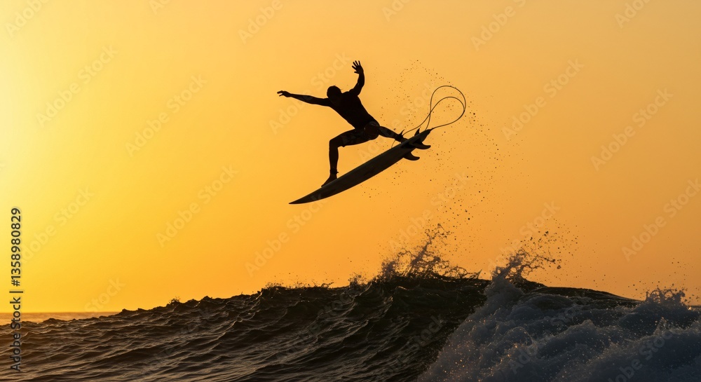 Man silhouette surfing with surfboard over wave at sunset. Extreme water sports for active lifestyle, vacation concept, adventure travel and freedom inspiration. Man silhouette surfing with surfboard over wave at sunset. Extreme water sports for active lifestyle, vacation concept, adventure travel and freedom inspiration.