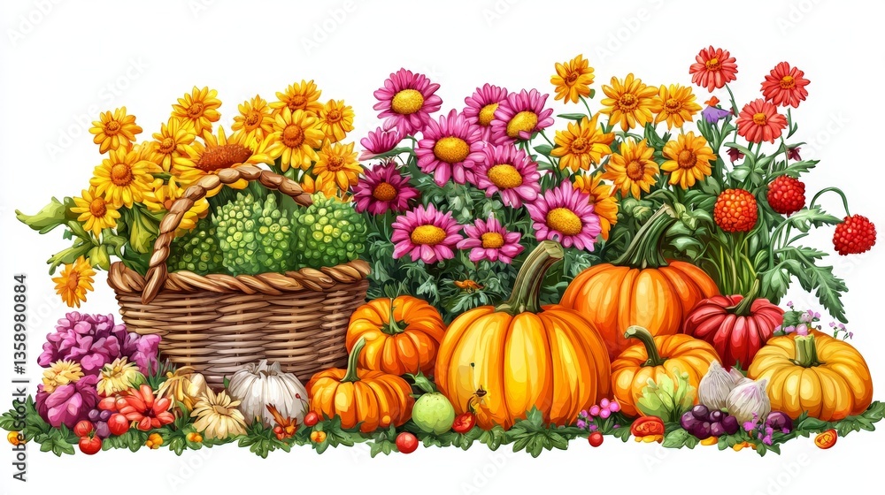 Obraz premium Decorative fall flowers with pumpkins arranged on wooden surface representing seasonal harvest gardening composition with rustic autumn floral arrangement and countryside charm