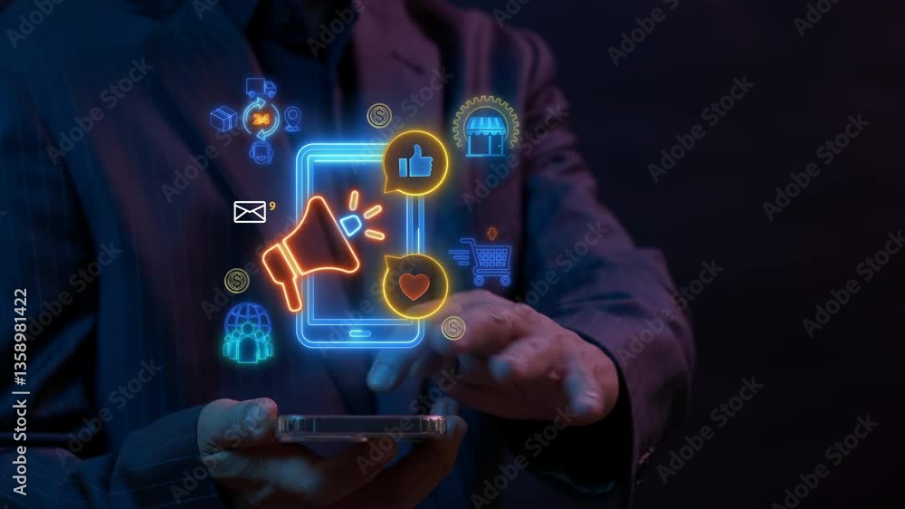 Digital marketing concept, promotion of brands and products using digital channels like the internet, social media, email to connect with potential customers. Mobile marketing icon on virtual screen.