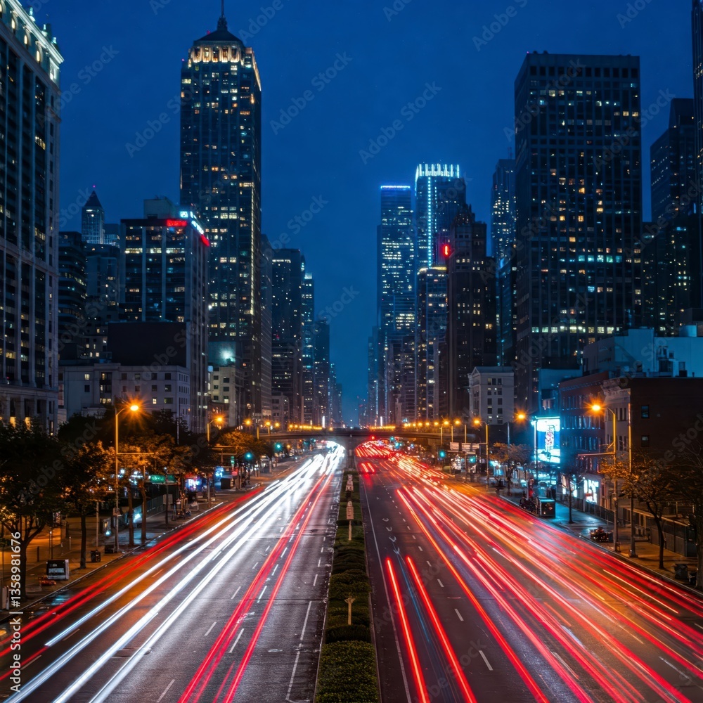 Fototapeta premium City skyline at dusk with light trails from traffic. Urban scene with skyscrapers and dynamic movement. Captures the energy of city life.