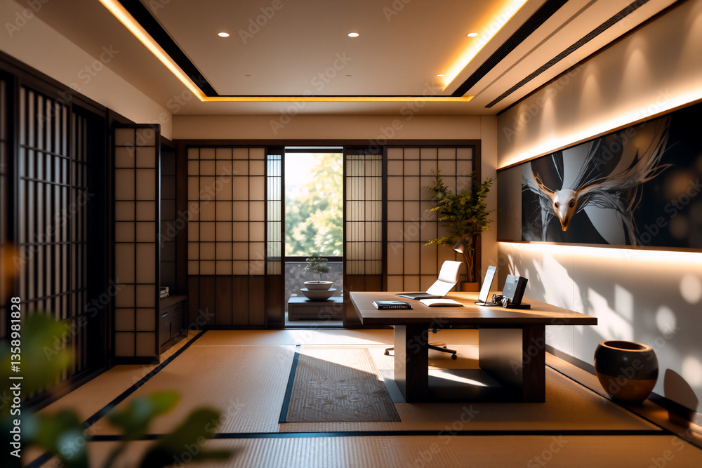 Modern minimalist office with Japanese zen style. Features shoji screens, tatami mat, wooden desk, and serene lighting, creating a peaceful workspace with elegant decor. Modern minimalist office with Japanese zen style. Features shoji screens, tatami mat, wooden desk, and serene lighting, creating a peaceful workspace with elegant decor.