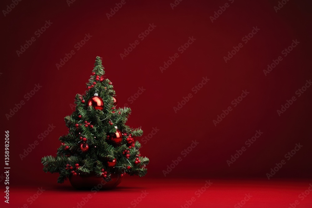 A small decorated evergreen tree is positioned on red surface A small decorated evergreen tree is positioned on red surface