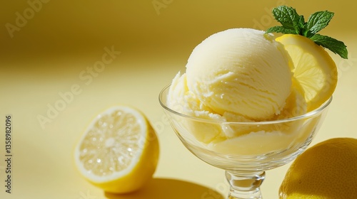 Scoop of refreshing lemon sorbet in a clear glass bowl, elegantly garnished with a thin lemon slice and a fresh mint leaf, set against a light yellow background