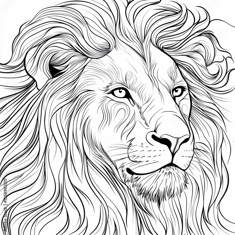 Obraz premium Majestic Mane: A striking illustration of a lion's head, coloring page for kids