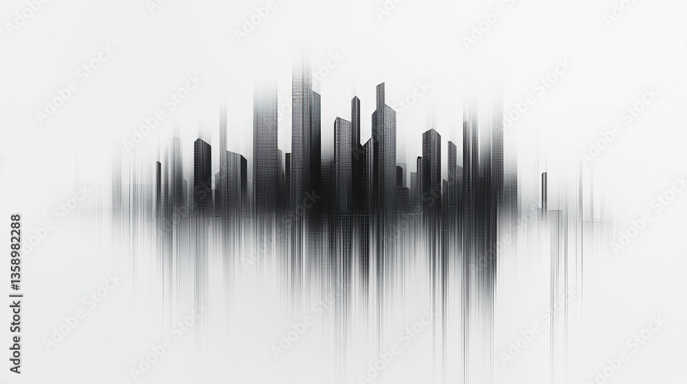 Naklejka premium A minimalist skyline of skyscraper silhouettes, blending simple lines and varying heights to represent urban innovation, on a white backdrop. 