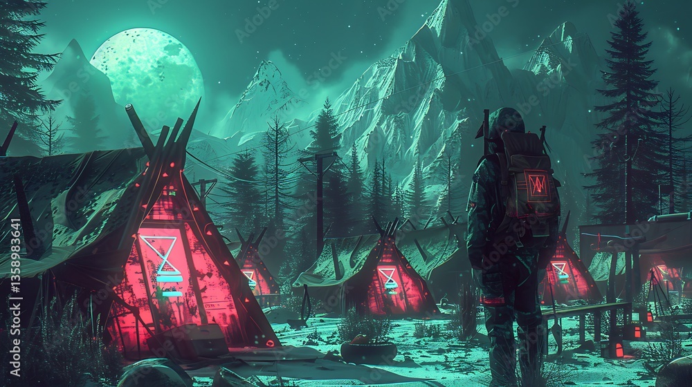 Fototapeta premium A figure surveys the night landscape featuring glowing futuristic campsites
