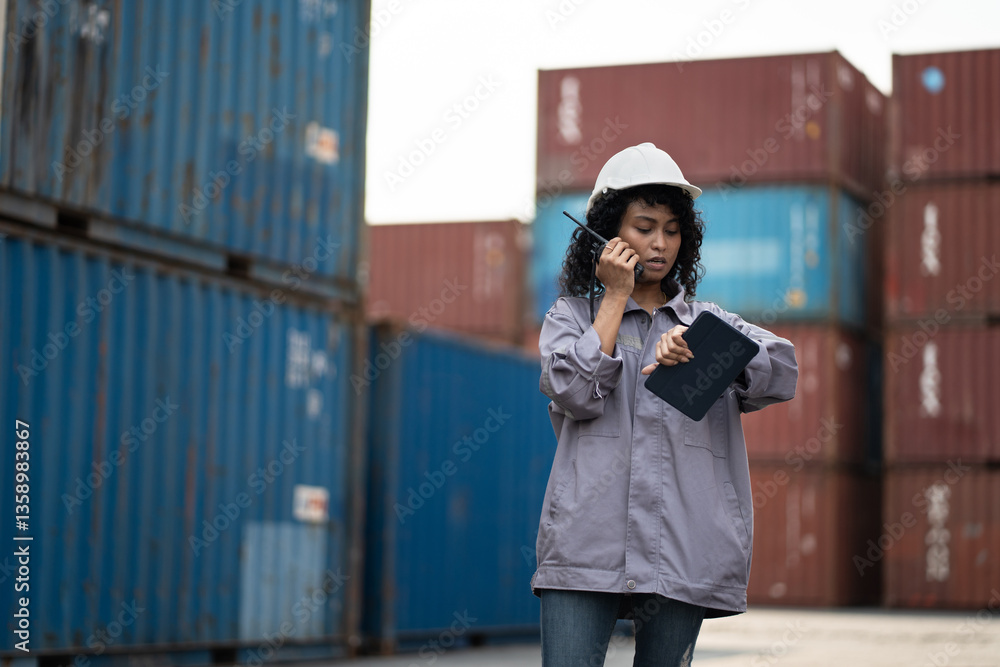 Fototapeta premium Asia worker woman use walkie talkie working with checking container at container site 