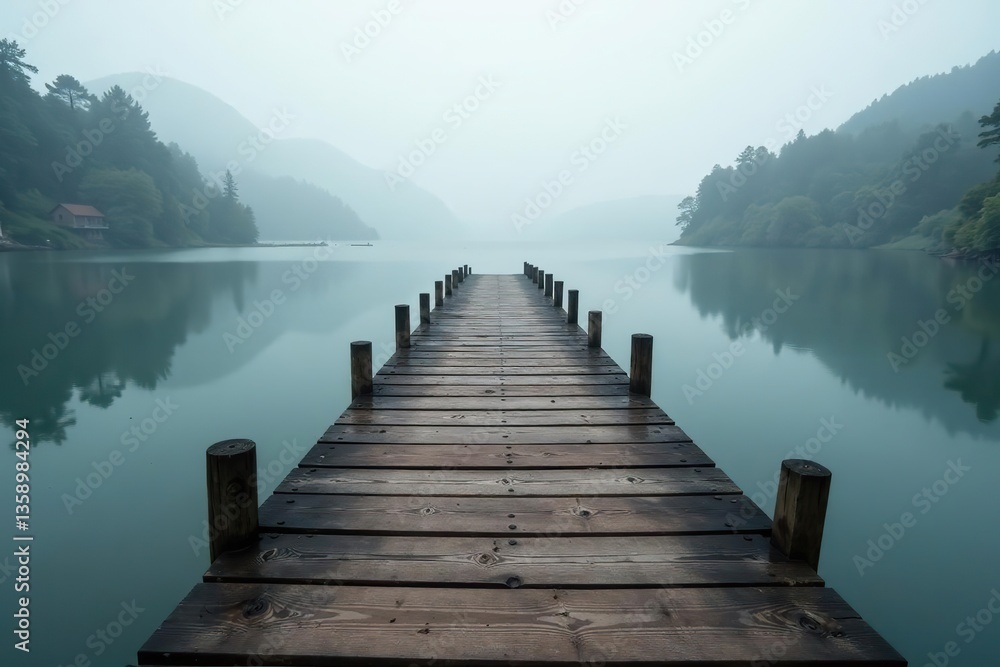 Fototapeta premium Weathered pier stretching into misty lake, rustic grace and serene landscapes captured, weathered, rustic