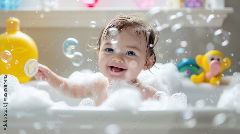 A baby splashing happily in a bubble bath, surrounded by sudsy bubbles and bath toys, with a big smile on their face. A baby splashing happily in a bubble bath, surrounded by sudsy bubbles and bath toys, with a big smile on their face.