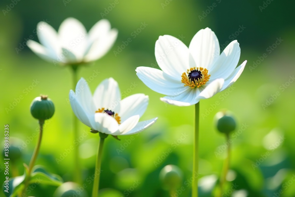 White anemone flowers in full bloom on a sunny summer day, with delicate petals and vibrant green stems, sunny, petals White anemone flowers in full bloom on a sunny summer day, with delicate petals and vibrant green stems, sunny, petals