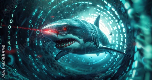 Futuristic shark navigating a digital vortex