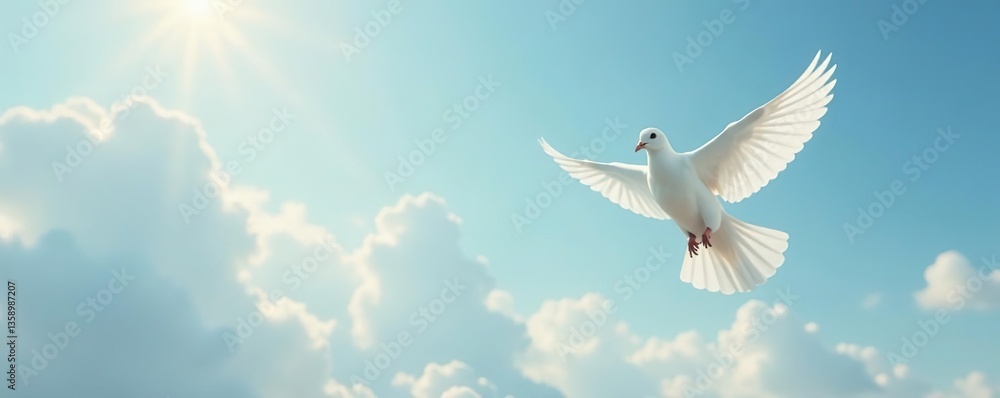 White dove symbolizing peace and remembrance flying in serene funeral sky background, sky, copy space White dove symbolizing peace and remembrance flying in serene funeral sky background, sky, copy space