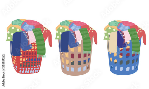 Laundry basket vector set in cartoon style. Plastic basket of dirty clothes clipart. Laundry equipment. Vector illustration in flat design.