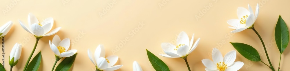 Fototapeta premium White flowers arranged on beige background with copy space, soft natural light, warm atmosphere, blossom, stock photo