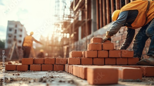 Worker conditions in a construction site with laborers laying bricks. Featuring skill and teamwork