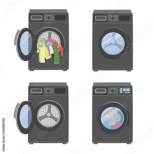 black washing machine with open and closed door clipart set. laundry equipment, household appliance vector illustration in flat design isolated on white background.
