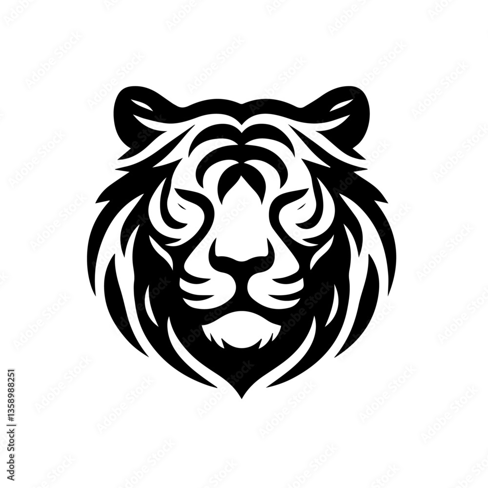 Obraz premium Fierce Tribal Tiger Head Logo Vector, Wild Animal Face Illustration, Black and White Ink Tattoo Design, Majestic Jungle Predator, Powerful Big Cat Emblem, Wildlife Art, Mascot Symbol, Graphic Icon