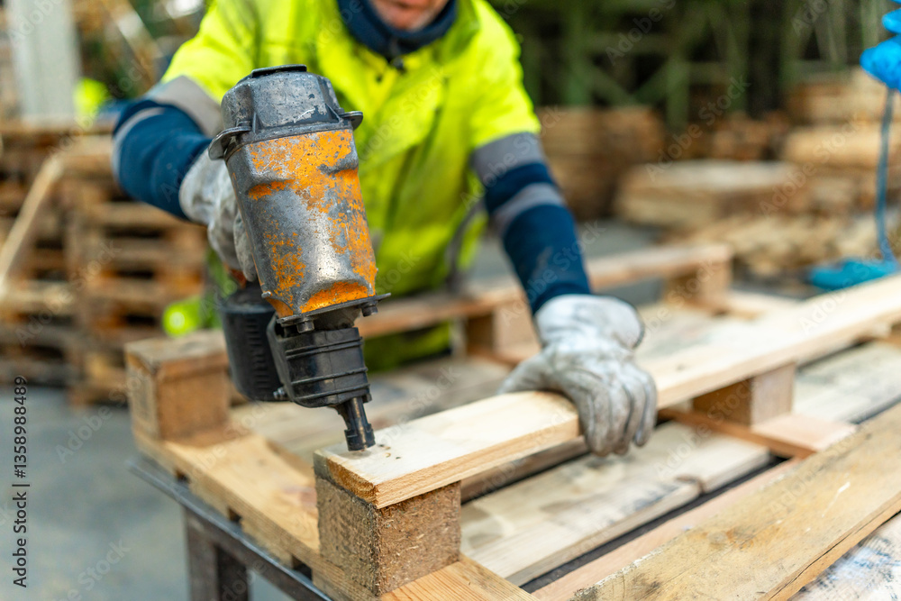 Close-up of man repairing a pallet using compressed air gun