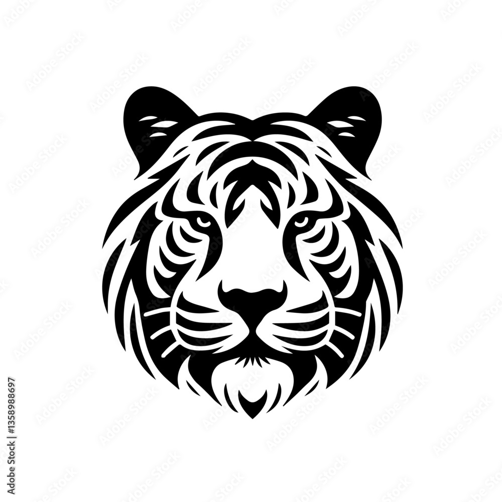 Fototapeta premium Fierce Tribal Tiger Head Logo Vector, Wild Animal Face Illustration, Black and White Ink Tattoo Design, Majestic Jungle Predator, Powerful Big Cat Emblem, Wildlife Art, Mascot Symbol, Graphic Icon