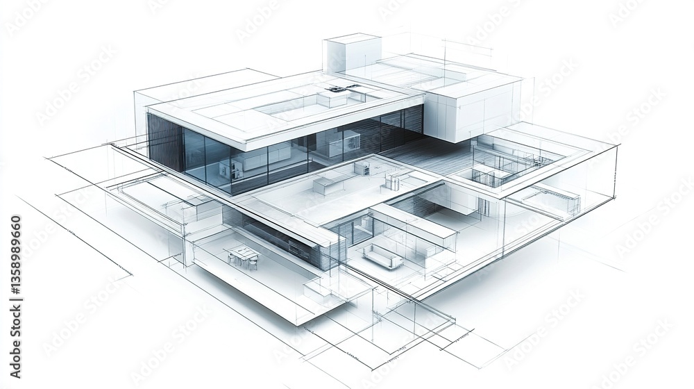 A modern home architectural design in blueprint clipart, featuring precise cross-sections of living and working spaces, in a sleek, minimalist style, on white.