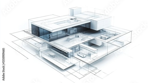 Obraz na płótnie A modern home architectural design in blueprint clipart, featuring precise cross-sections of living and working spaces, in a sleek, minimalist style, on white. w salonie