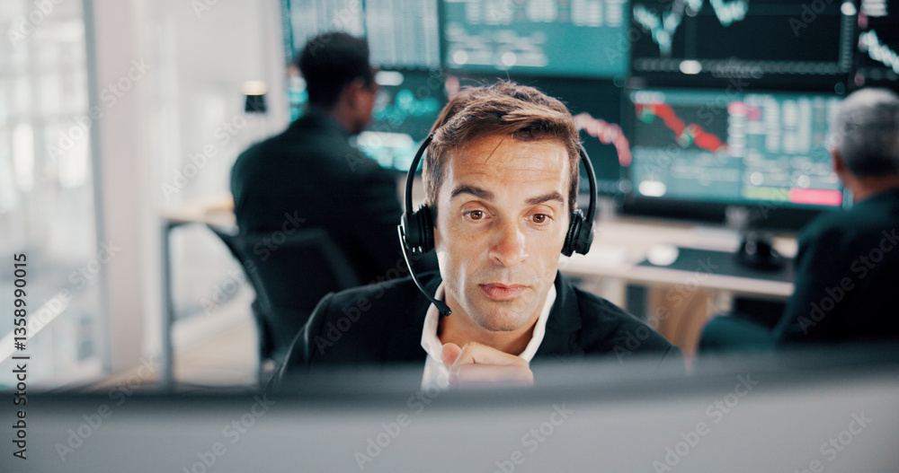 Stock market broker, man and headset by computer for customer service, investment FAQ or finance insight. Call center, contact us or client query for financial news, NFT assistance or trading support Stock market broker, man and headset by computer for customer service, investment FAQ or finance insight. Call center, contact us or client query for financial news, NFT assistance or trading support