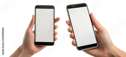 two smartphones mockup in hands on white background