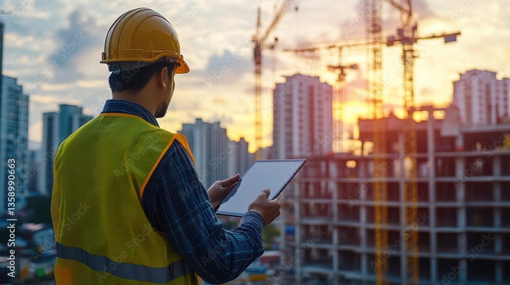Engineer Using Tablet for Urban Project Updates at Sunset Engineer Using Tablet for Urban Project Updates at Sunset