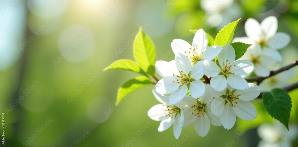 White tree blossoms blooming in spring on a sunny day, showing delicate petals and fresh green leaves in the background, day, delicate White tree blossoms blooming in spring on a sunny day, showing delicate petals and fresh green leaves in the background, day, delicate