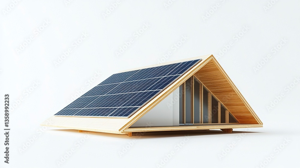 Fototapeta premium A neatly illustrated solar panel lying on the ground with a tilted roof structure framing it, emphasizing sustainable energy solutions, on white. 