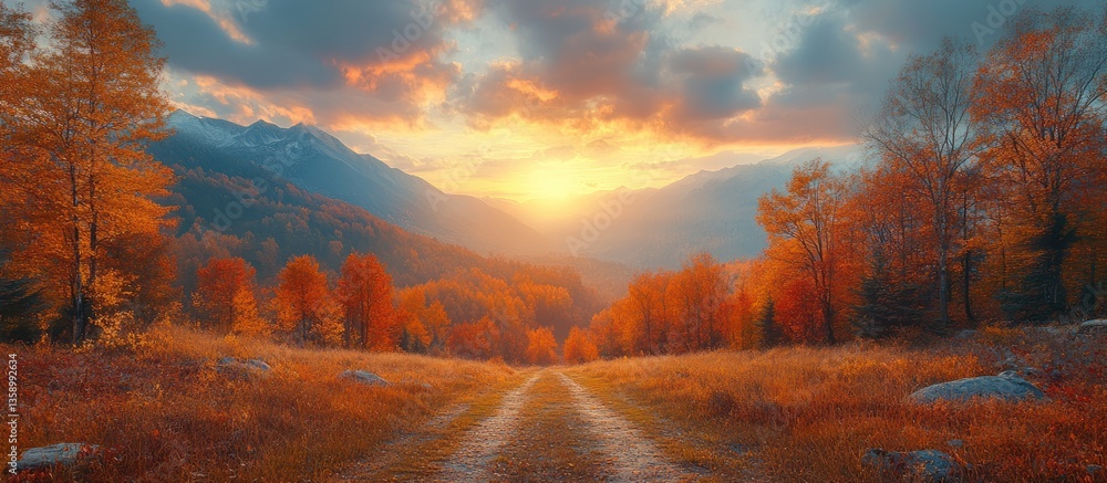 Naklejka premium Autumn Sunrise Mountain Path