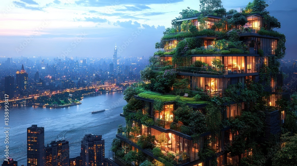 Fototapeta premium Eco-friendly skyscraper with lush greenery at twilight.