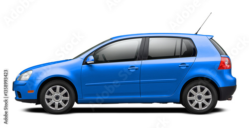 Modern European car with a side view, hatchback body, all blue. In png format on a transparent background.