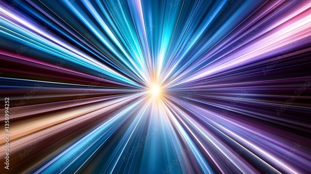 The image shows an abstract representation of speed and light, with radiating lines of various colors converging towards a bright center.A medium description sentence:  Dynamic streaks of blue, purpl