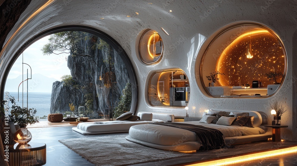 Fototapeta premium Modern cave-like bedroom with ocean view.