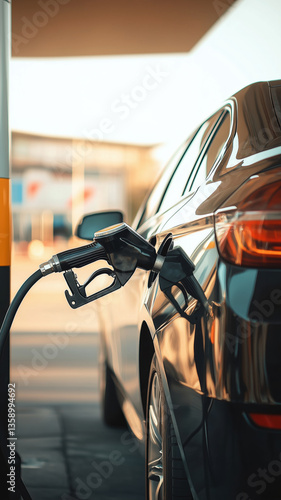 Fuel pump nozzle inserted into a black car during refueling at a gas station.

