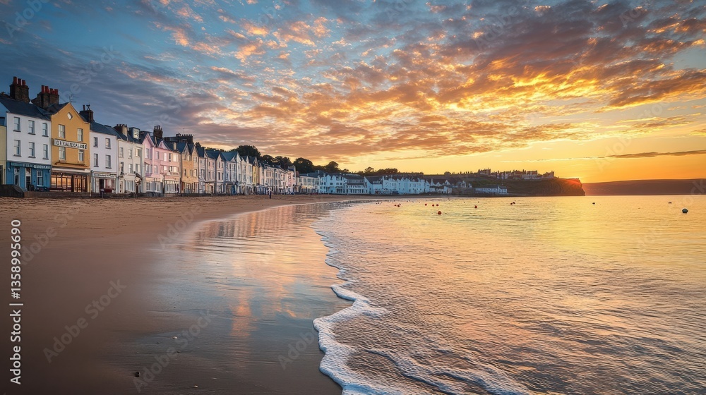 Naklejka premium Beautiful sunset over a calm beach with colorful buildings reflecting on the water surface.