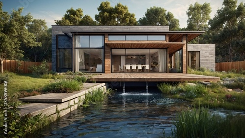 A modern house with sleek architecture and a serene water feature surrounded by lush greenery.