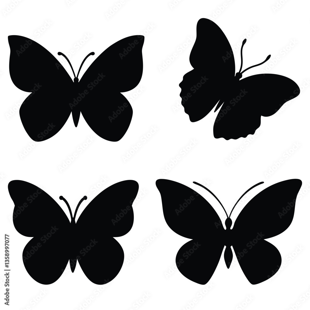 Fototapeta premium Four Black Butterfly Silhouettes Nature, Insects, Wings, Art