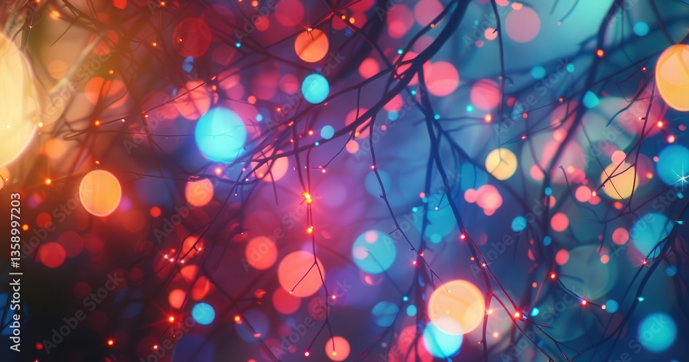 Colorful bokeh lights through branches at night Colorful bokeh lights through branches at night